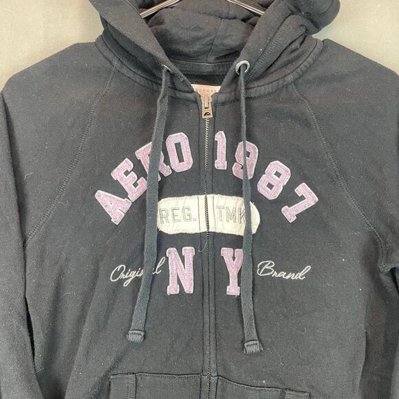 Aeropostale Zip Hoodie Women Small Black NY Logo Casual Warm Sweatshirt Y2K - Picture 4 of 8